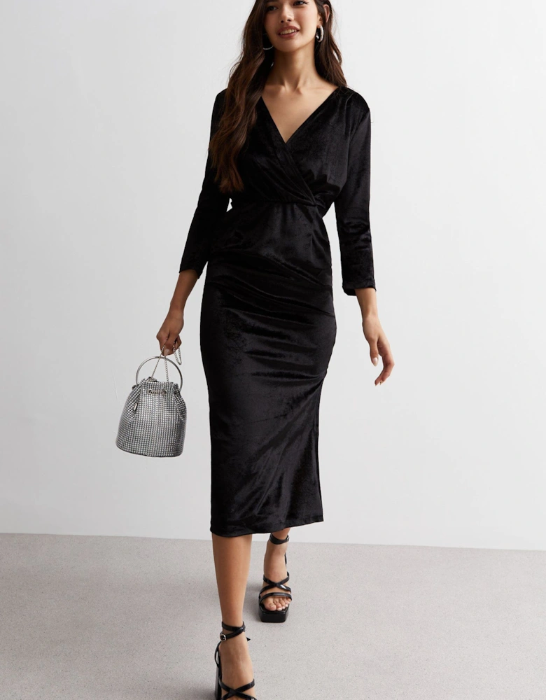 Black Velvet Wrap Top Midi Dress