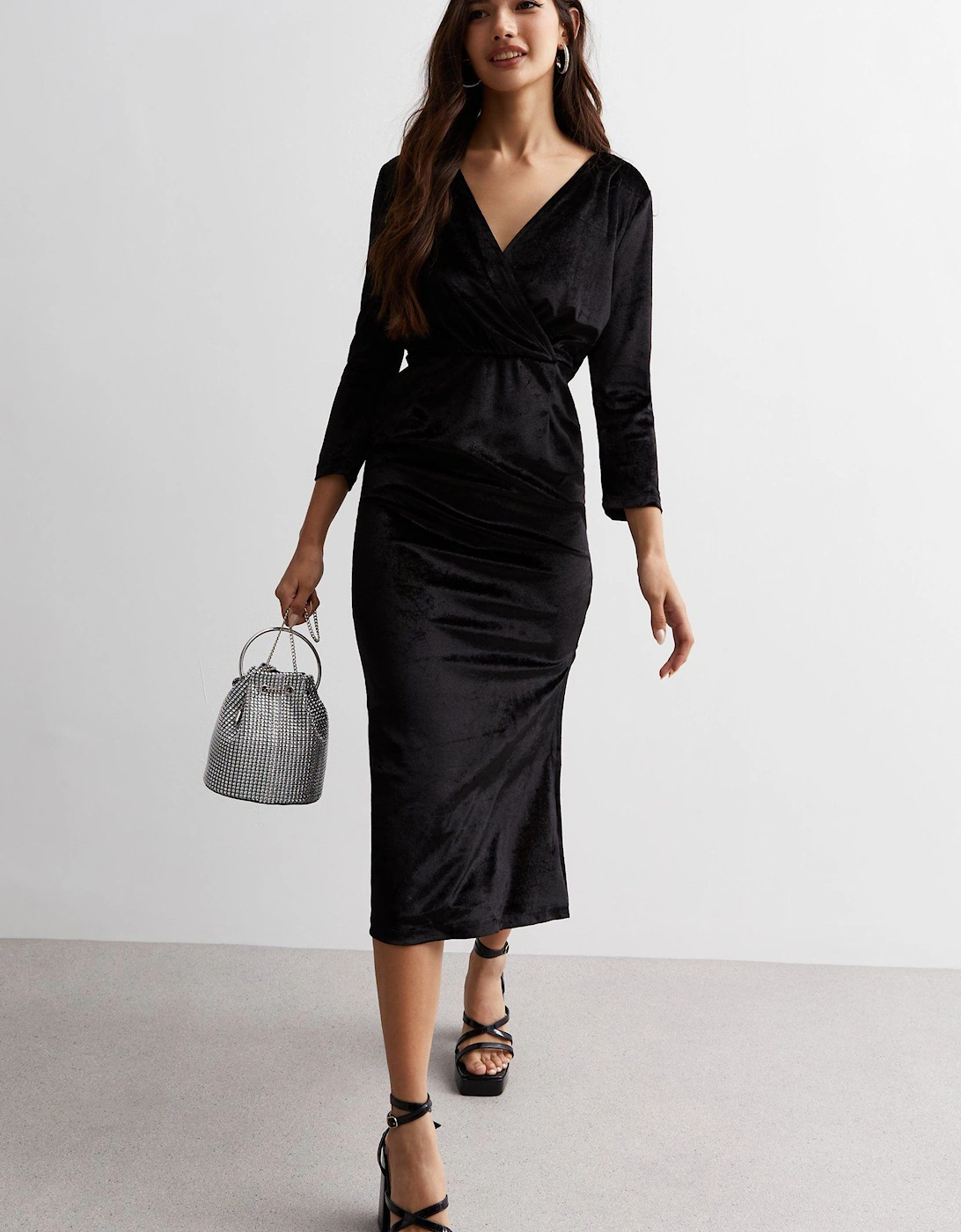 Black Velvet Wrap Top Midi Dress, 2 of 1