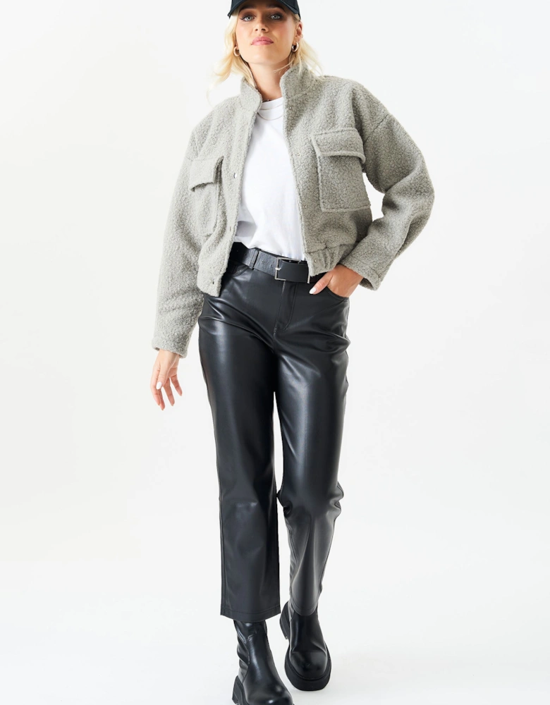 Grey Boucle Wool Elasticated Waist Cropped Jacket