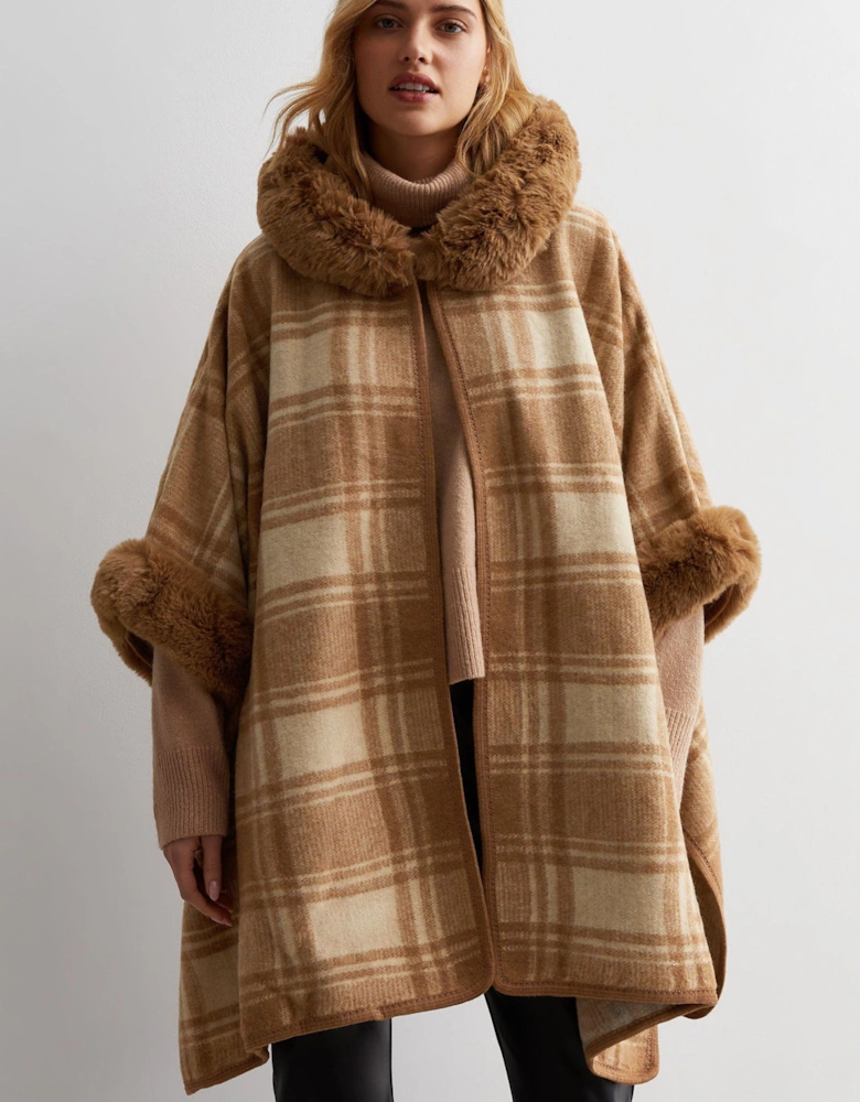 Camel Fur Trim Check Longline Cape