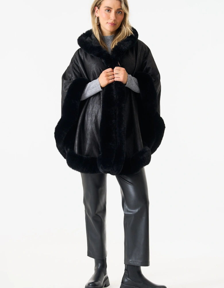 Black Faux Fur Trim Poncho Cape