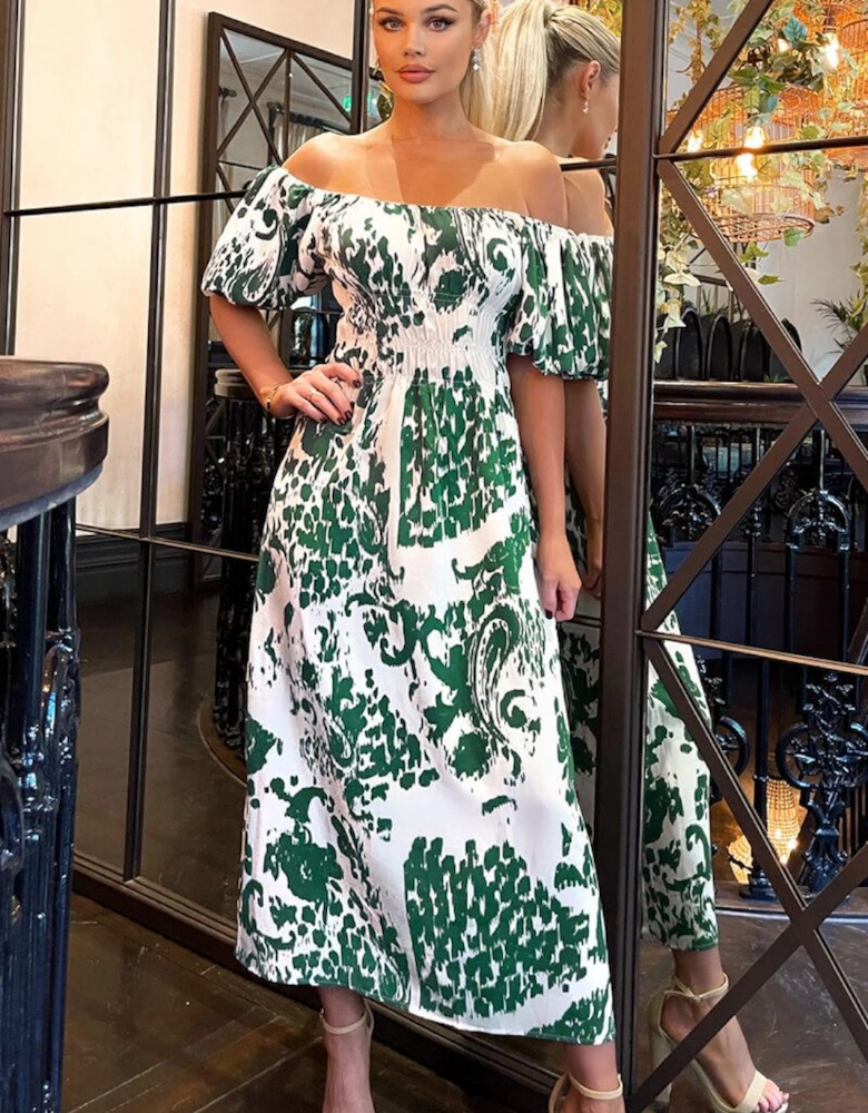 Cream and Green Printed Elasticated Waist Bardot Midi Dress