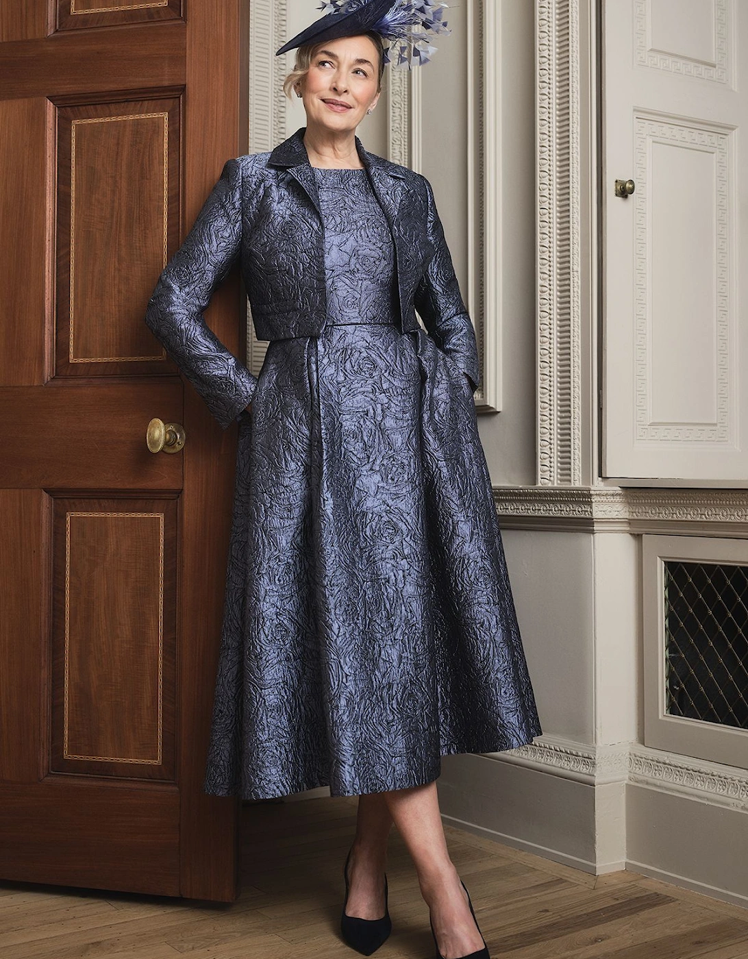 Lisa Tan Cap Sleeve Jacquard Full Skirted Midi Dress, 2 of 1