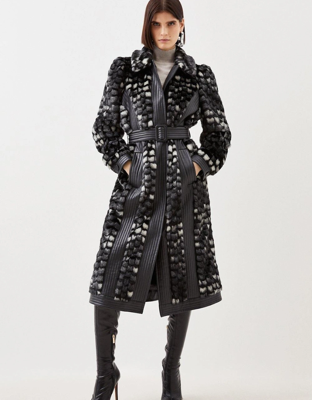 Tall Faux Fur Pu Panelled Abstract Belted Coat, 2 of 1