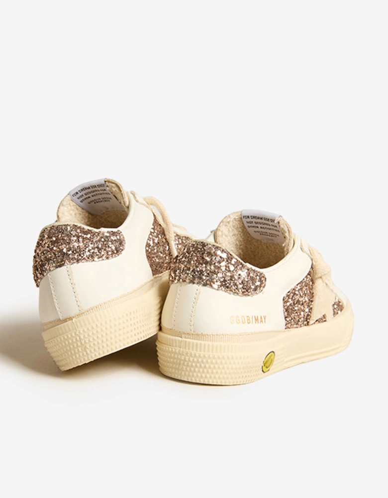 Golden Goose Girls May Leather And Glitter Trainers in Cream