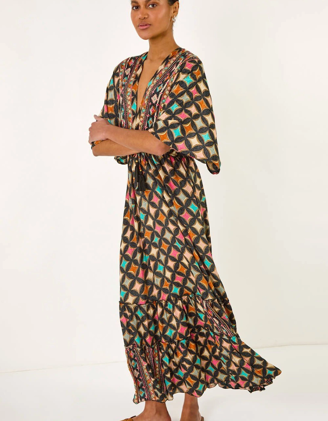 Geo Print V-Neck Frill Maxi Dress, 2 of 1