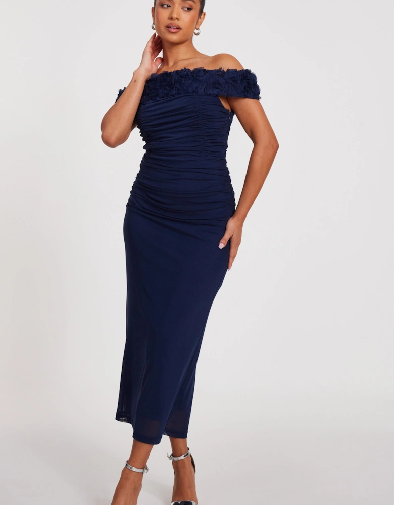 Navy Petite Mesh Bardot Midaxi Dress