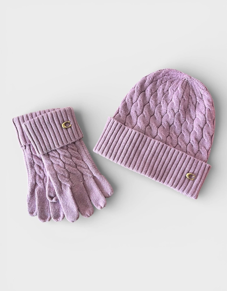 Cable Beanie & Gloves Gift Set Faded Pink