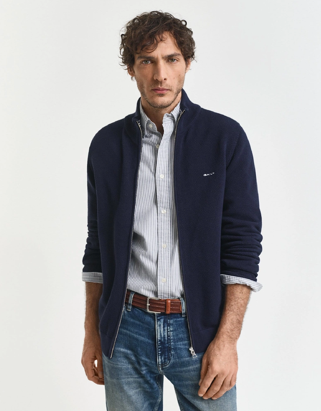 Cotton Pique Zip-Up Cardigan