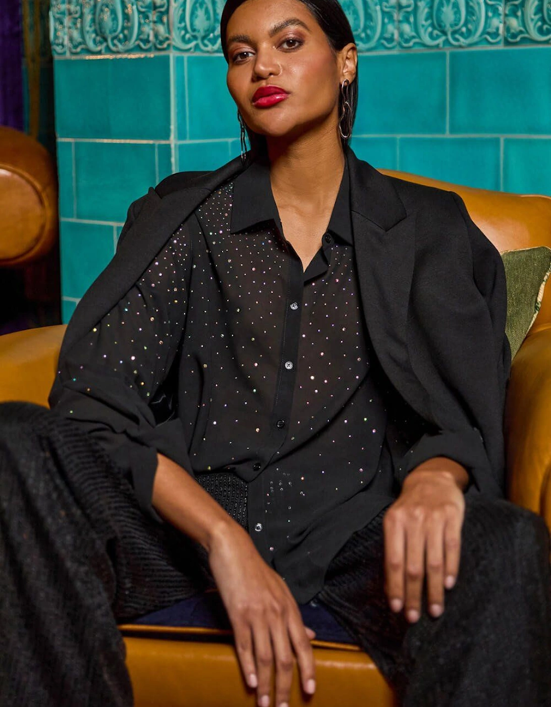 Diamante Hotfix Button Blouse, 2 of 1