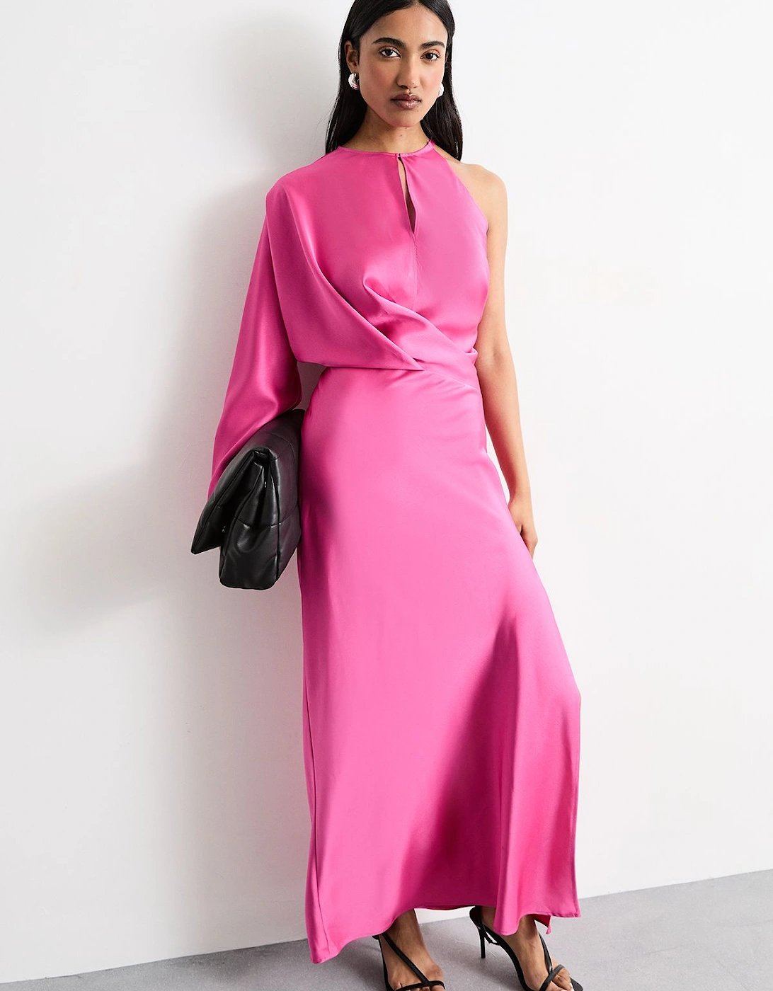 One Shoulder Twist Front Keyhole Satin Maxi Dress, 2 of 1
