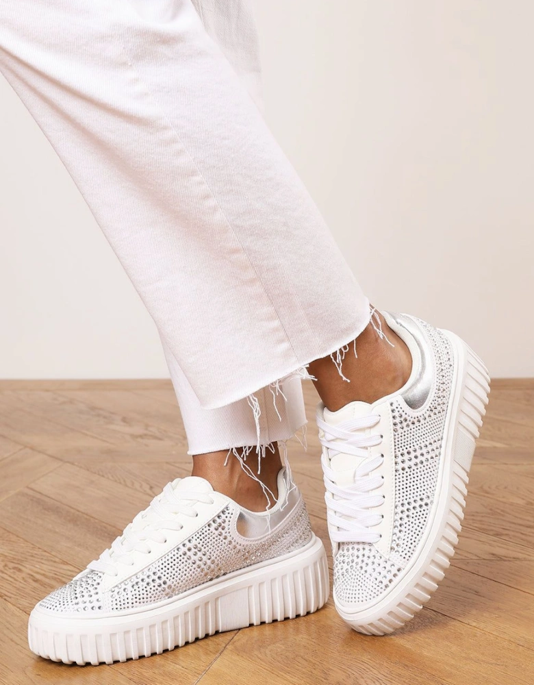 'Eliane' Lace Up Trainer with Diamante pattern and chunky sole