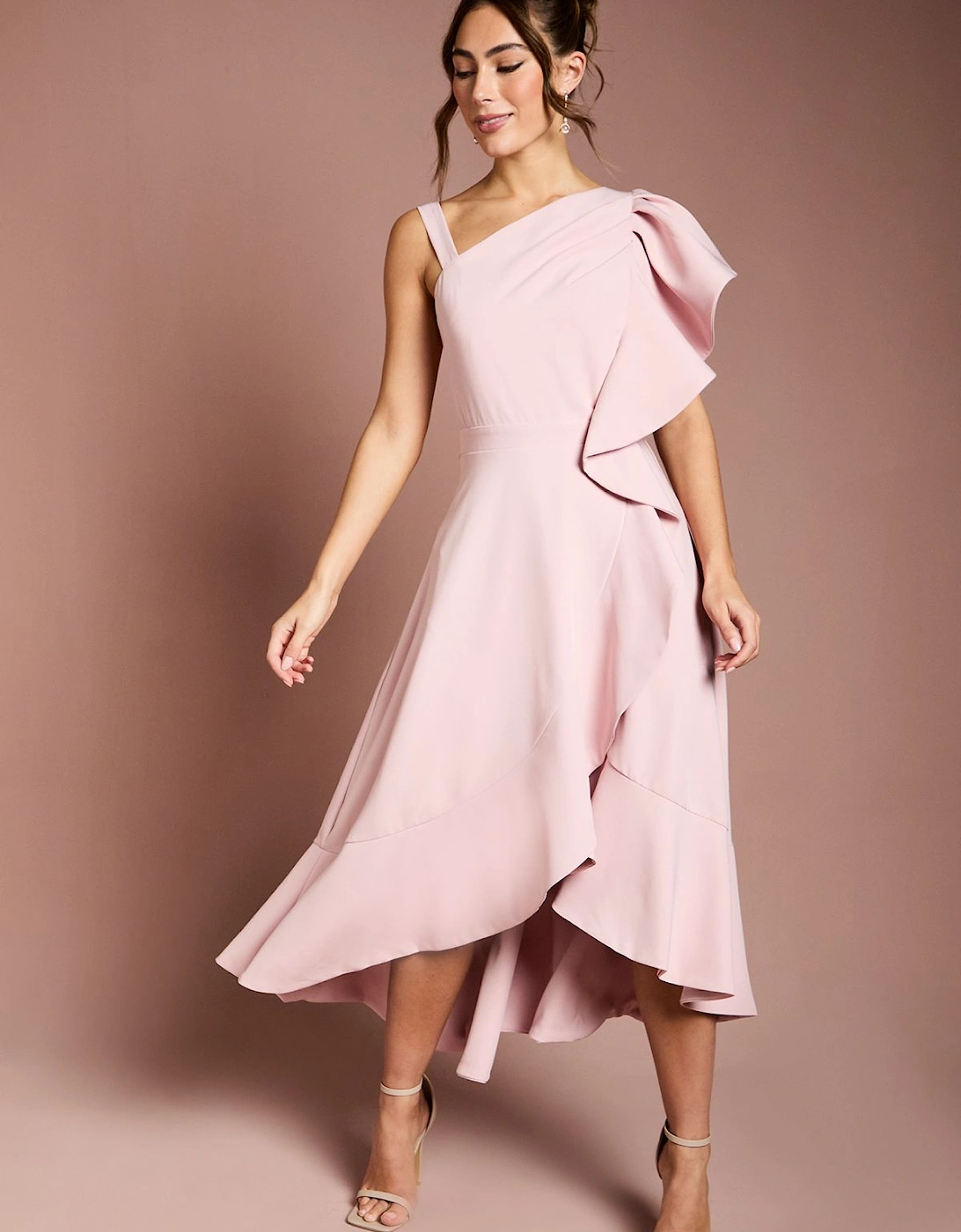 One Shoulder Crepe Ruffle Midi Dress, 2 of 1