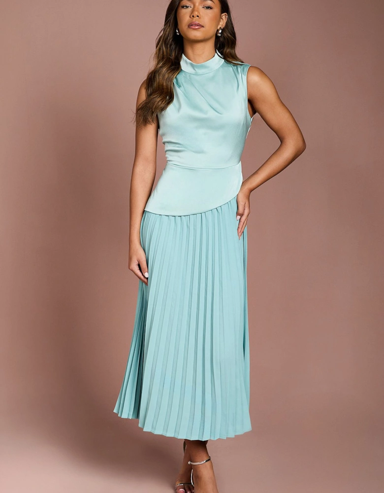 Drape High Neck Pleated Skirt Midi Dress