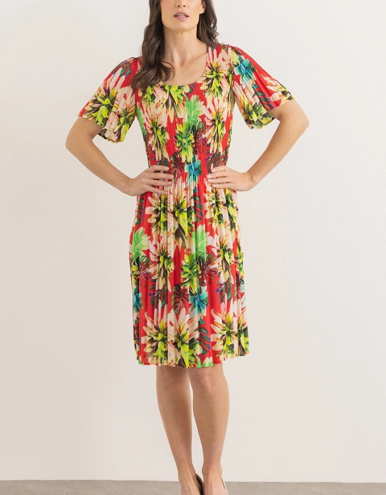 Garden Print Pleated Short Sleeve Dress