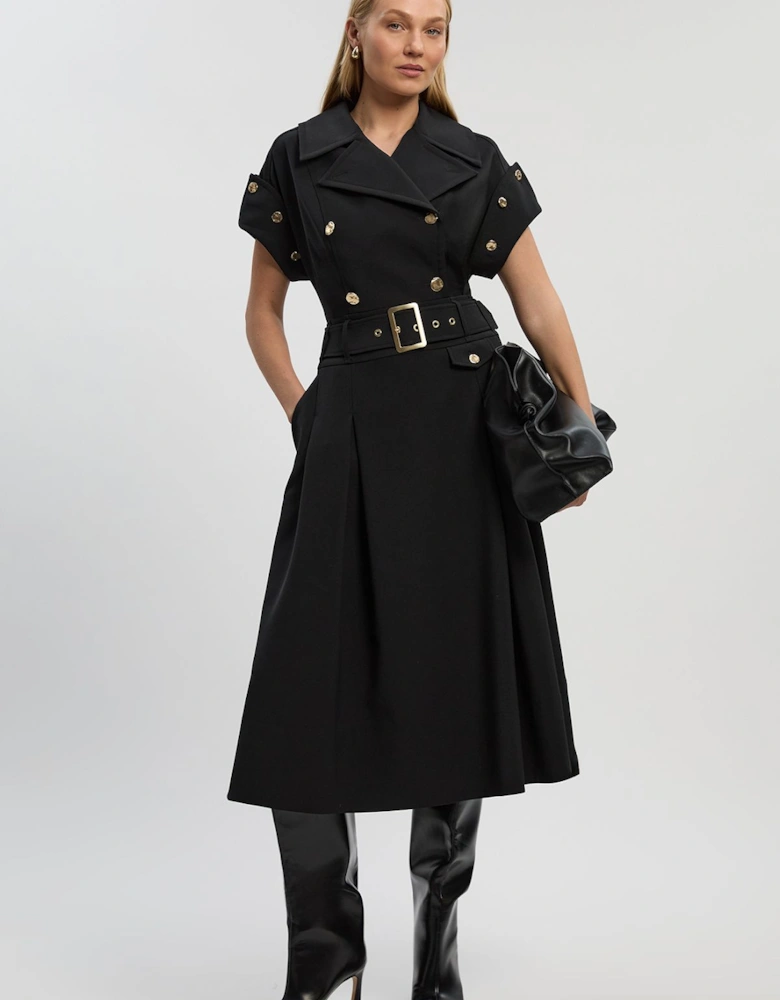 Petite Polished Tailored Button Detail Pleated Midi Dress