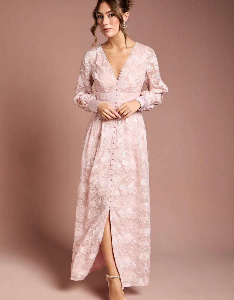 Blouson Sleeve V Neck Sequin Floral Mesh Midaxi Dress