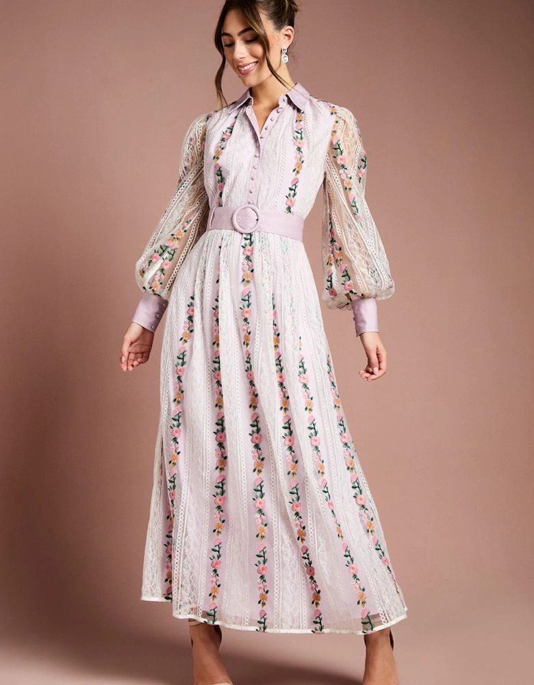 Embroidered Mesh And Lace Blouson Sleeve Belted Midi Dress