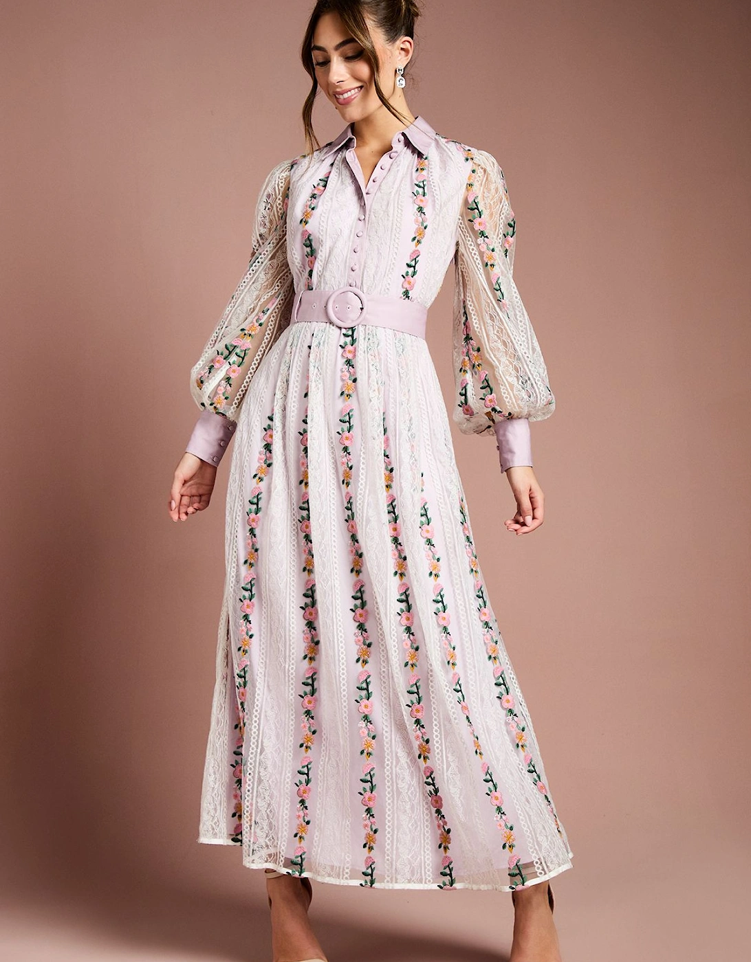 Embroidered Mesh And Lace Blouson Sleeve Belted Midi Dress, 2 of 1