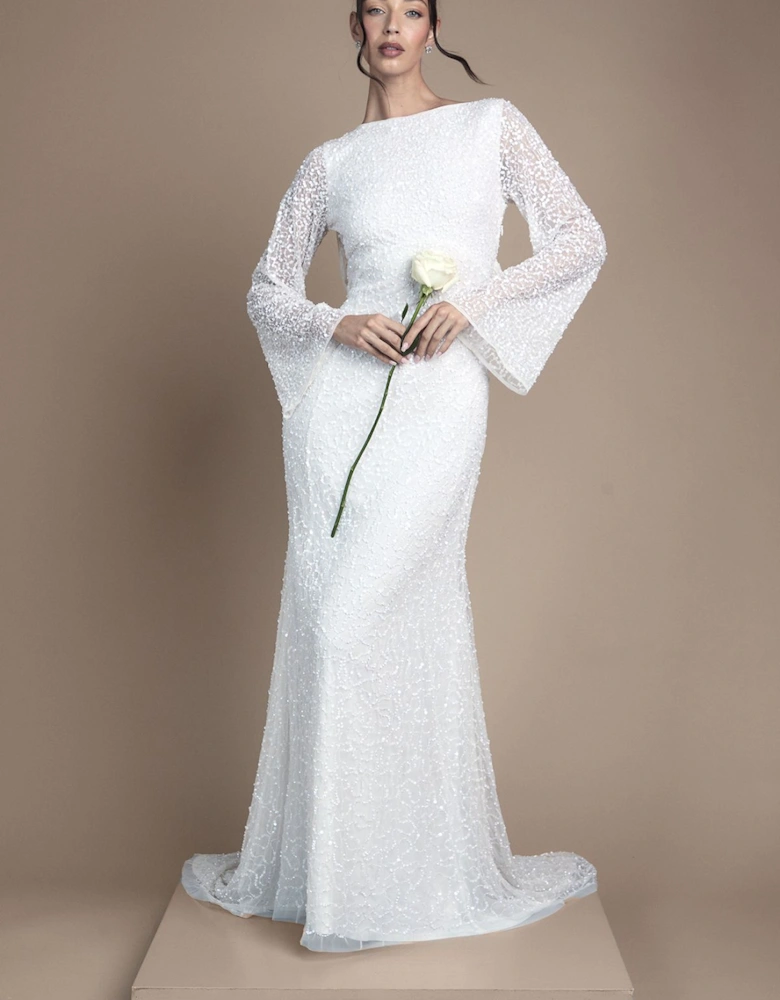 Long Sleeve Flare Sleeve Cowl Back Sequin Wedding Dress