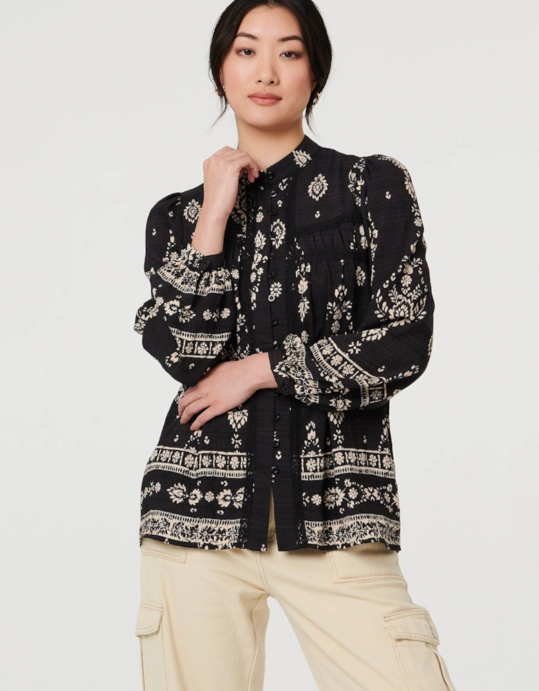 Printed Lace Trim Long Sleeve Blouse