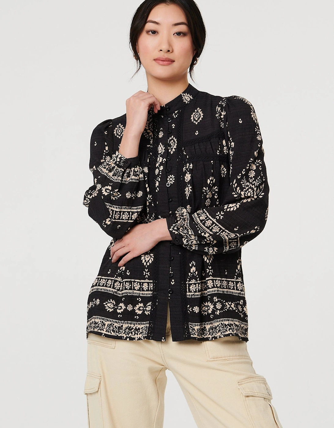 Printed Lace Trim Long Sleeve Blouse, 2 of 1