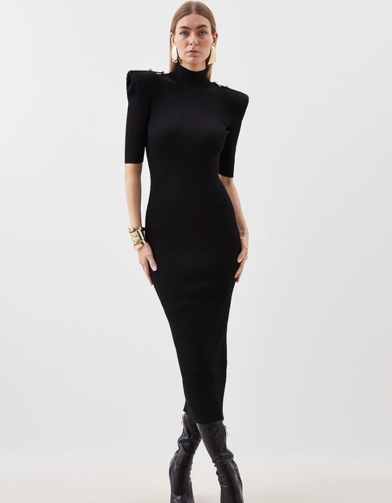 Petite Viscose Blend Rib Knit Power Shoulder Military Trim Maxi Dress