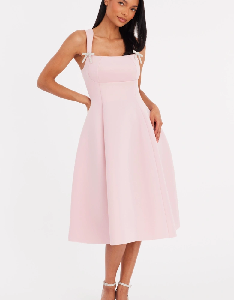 Pale Pink Diamante Bow Midi Dress