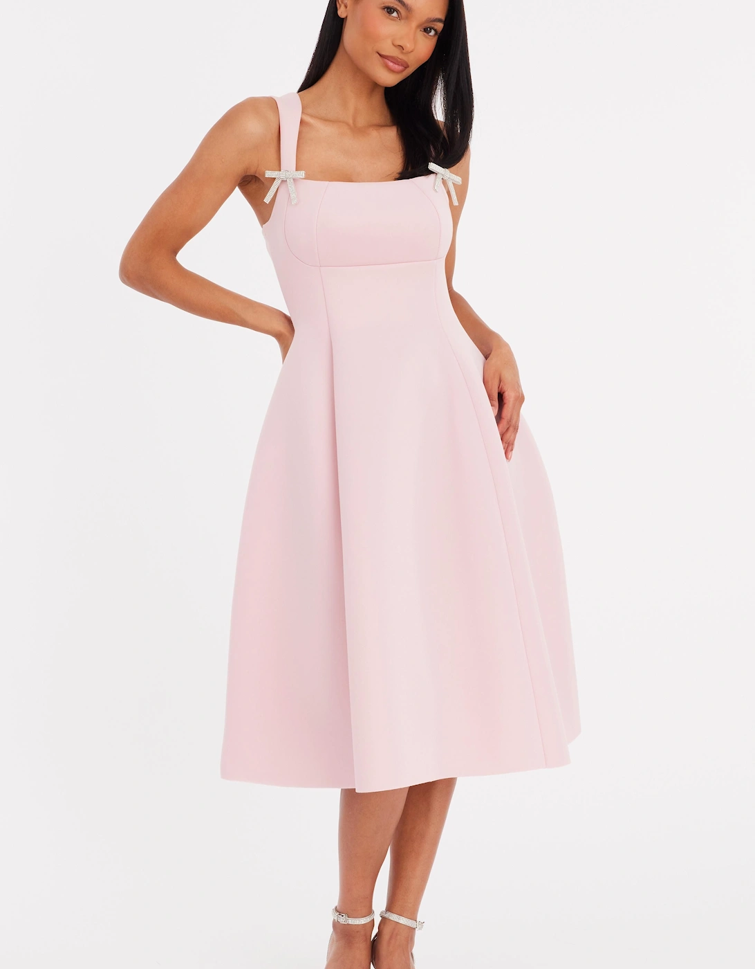 Pale Pink Diamante Bow Midi Dress, 2 of 1