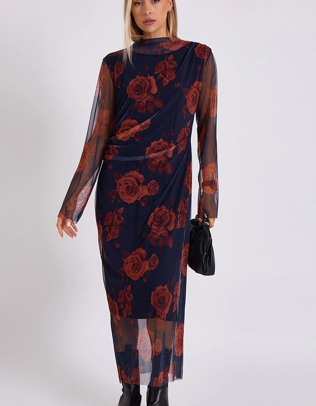 Navy Print Mesh Midi Dress, 2 of 1