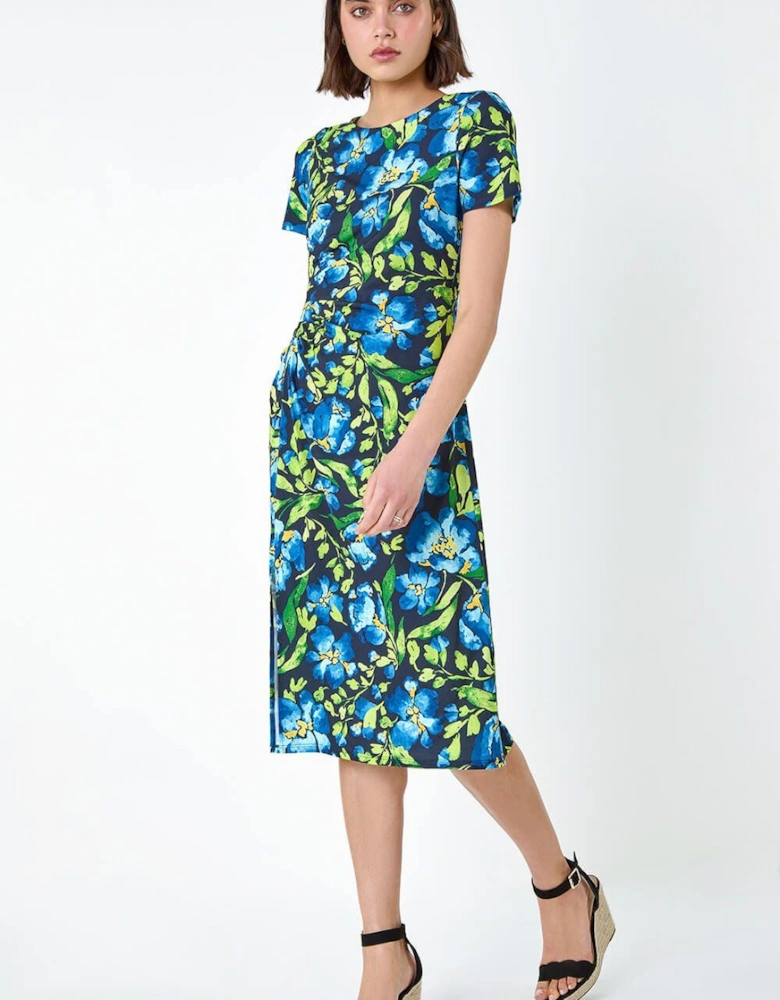 Floral Ruched Bodycon Split Detail Dress