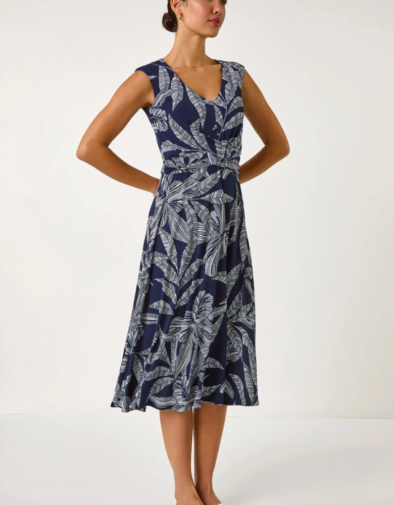 Leaf Print Twist Front Stretch Dress
