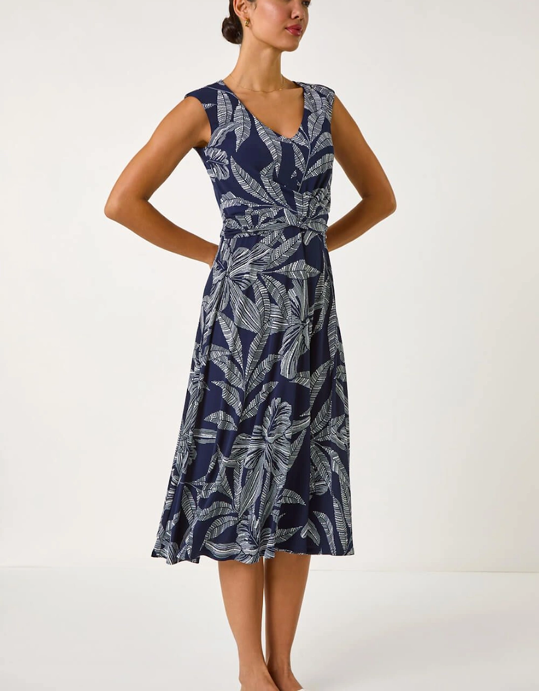 Leaf Print Twist Front Stretch Dress, 2 of 1