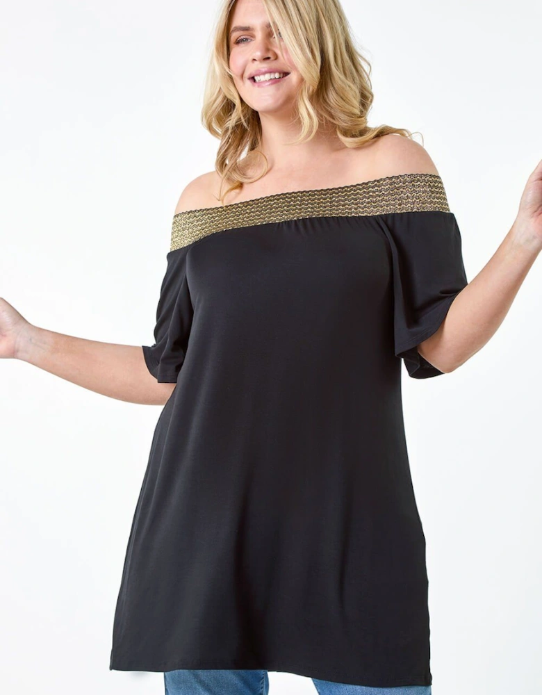 Curve Shimmer Stretch Shirred Bardot Top