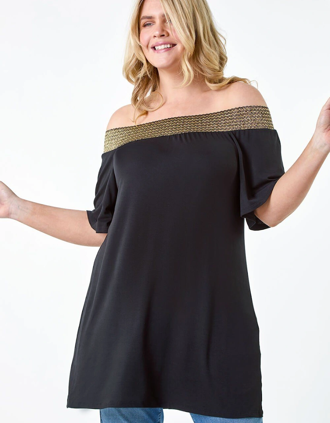 Curve Shimmer Stretch Shirred Bardot Top, 2 of 1