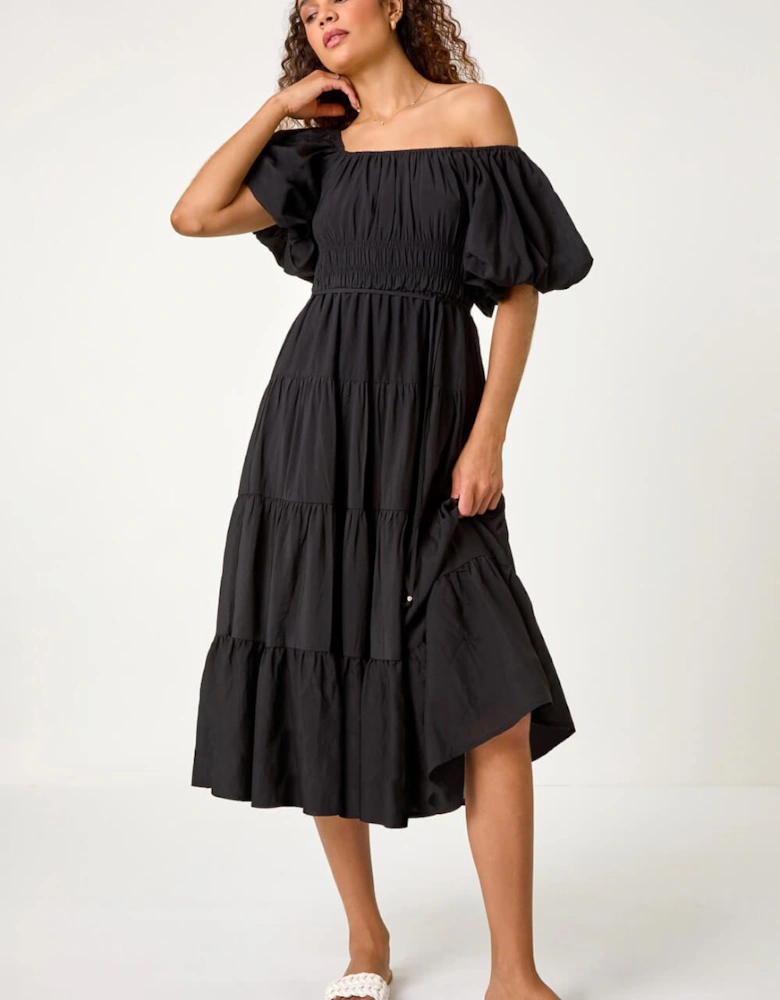 Puff Sleeve Tiered Midi Dress