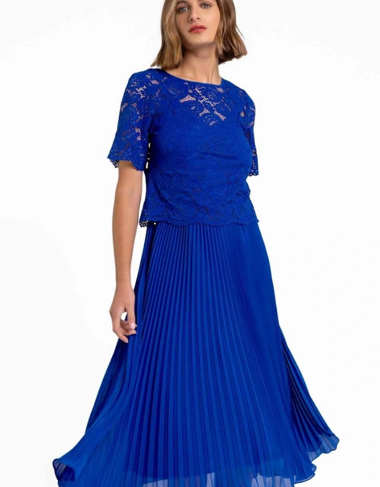 Lace Top Overlay Pleated Midi Dress