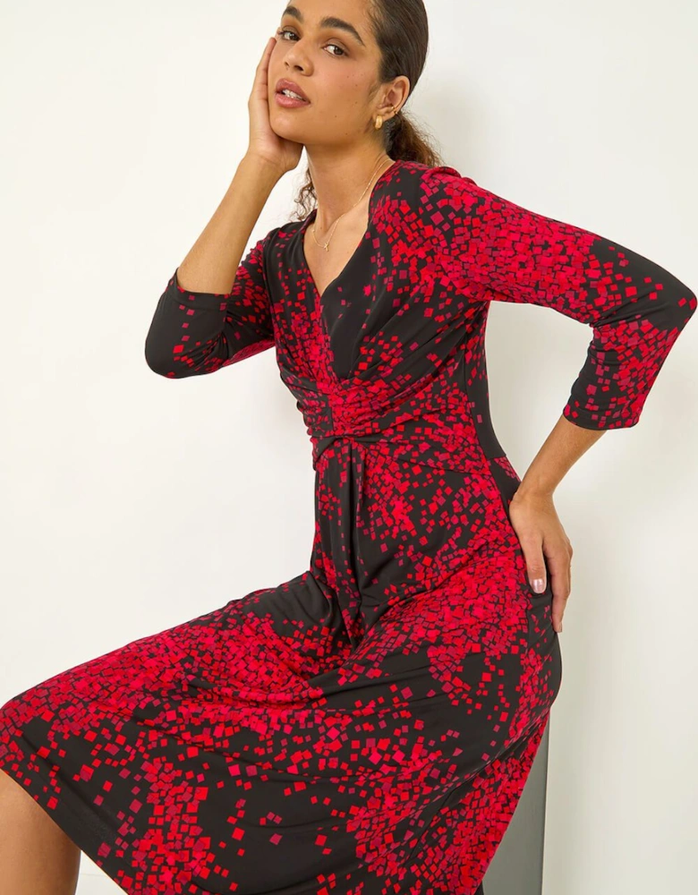 Abstract Print Ruched Stretch Midi Dress