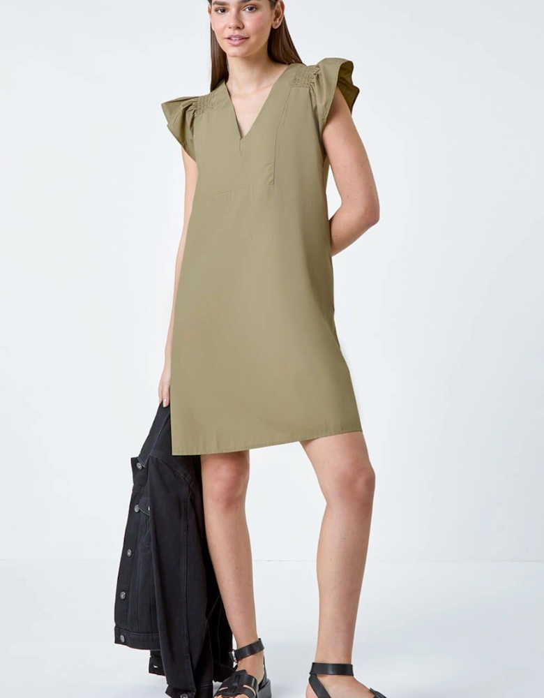 Plain Cotton Frill Sleeve Pocket Dress