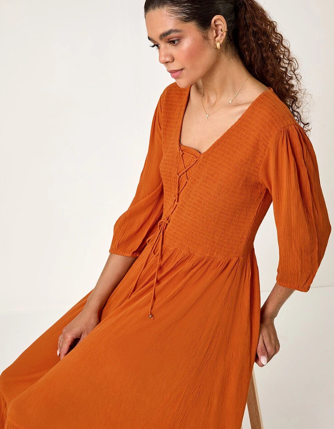 Lace Up Shirred Midi Dress, 2 of 1