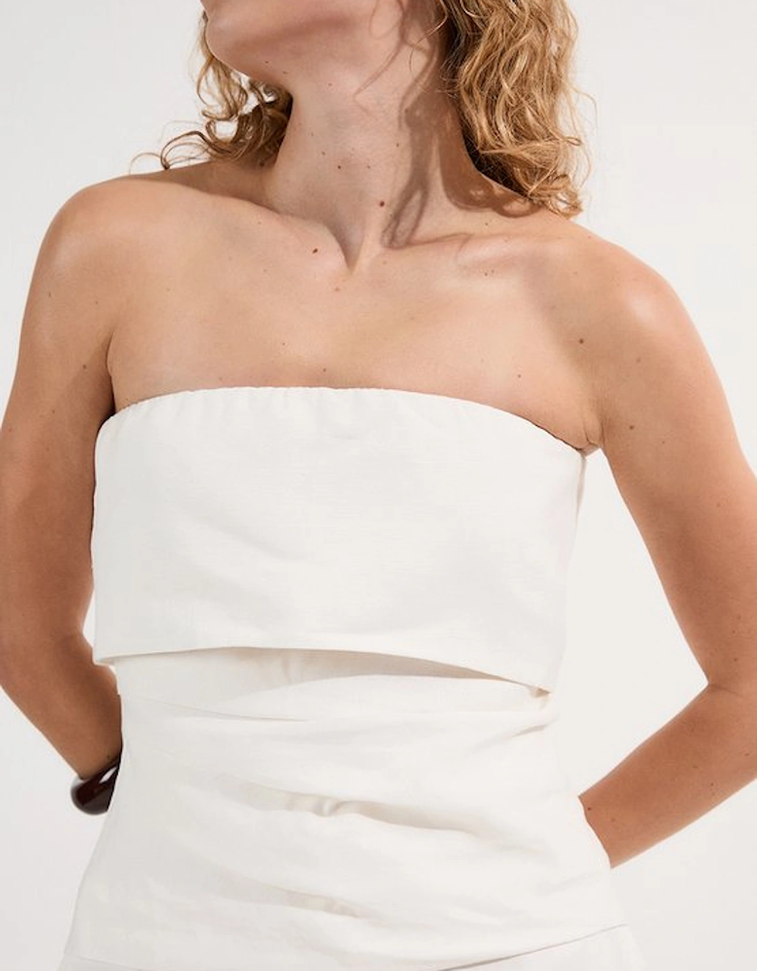 Linen Viscose Woven Bandeau Top With Ruched Side Detail