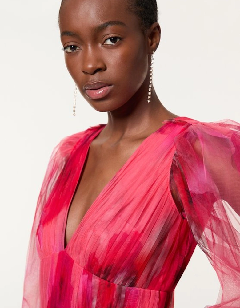 Spring Floral Tulle Plunge Maxi Dress