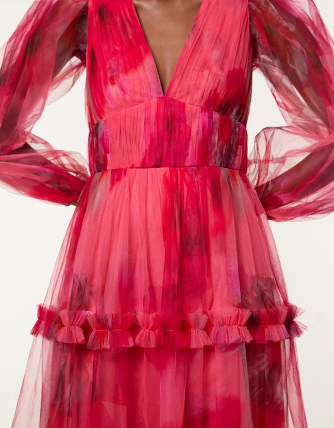 Spring Floral Tulle Plunge Maxi Dress