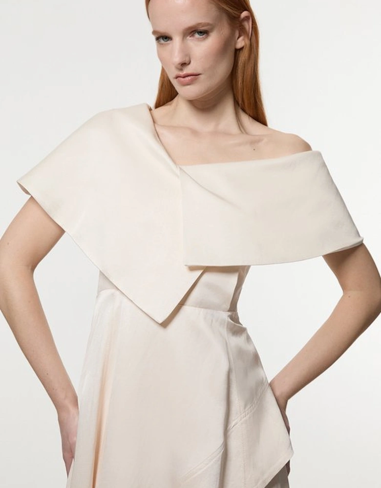 Premium Viscose Linen Tailored Asymmetric Shoulder Full Midi Dress