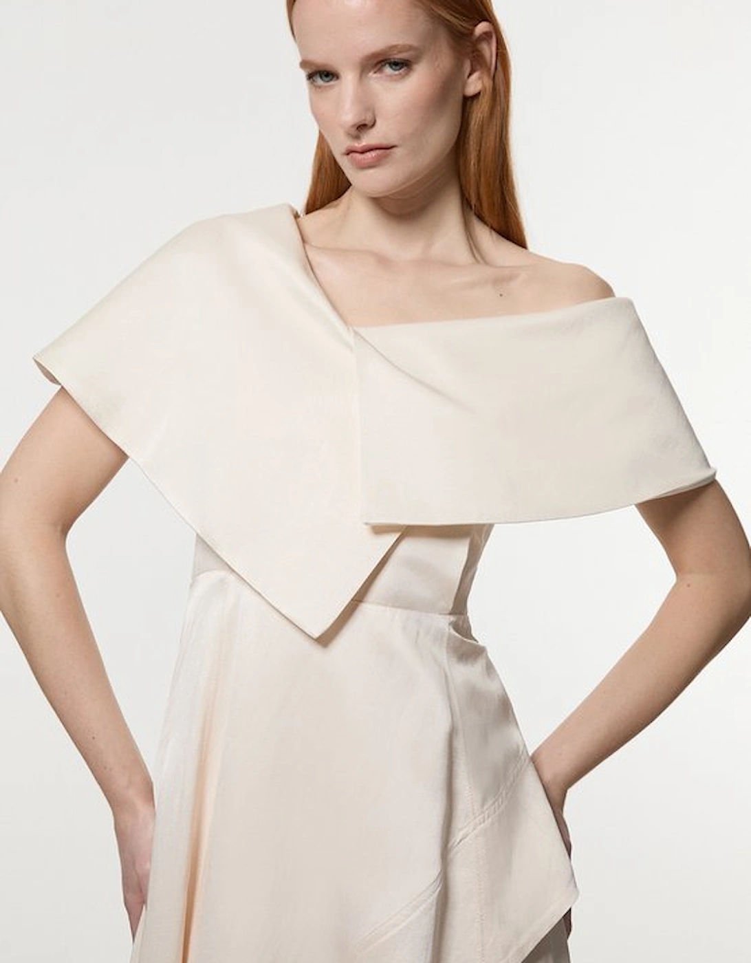 Premium Viscose Linen Tailored Asymmetric Shoulder Full Midi Dress