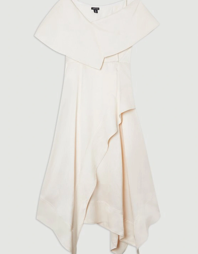 Premium Viscose Linen Tailored Asymmetric Shoulder Full Midi Dress