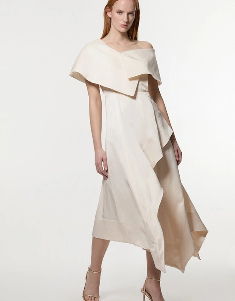 Premium Viscose Linen Tailored Asymmetric Shoulder Full Midi Dress
