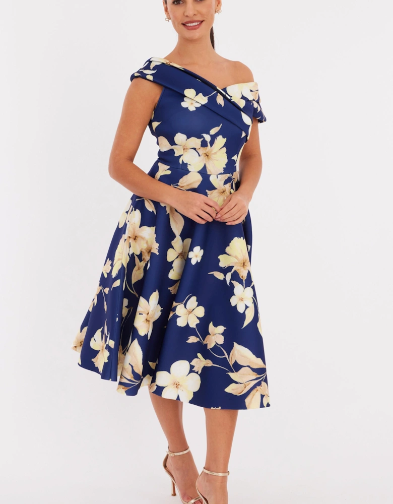 Navy Petite Floral Pleated Bardot Midaxi Dress