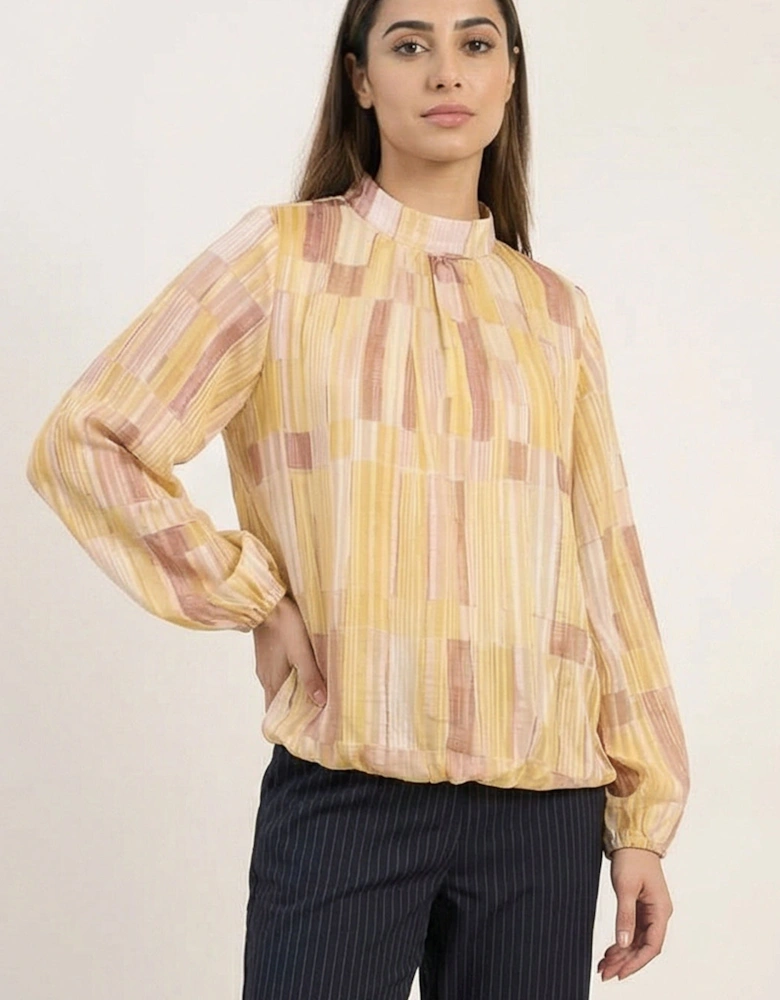 Yellow Tile Print Puffball Blouse With Metallic Detail