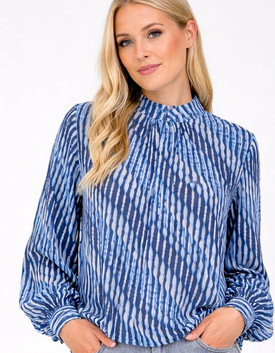 Navy Printed High Neck Puffball Blouse, 2 of 1